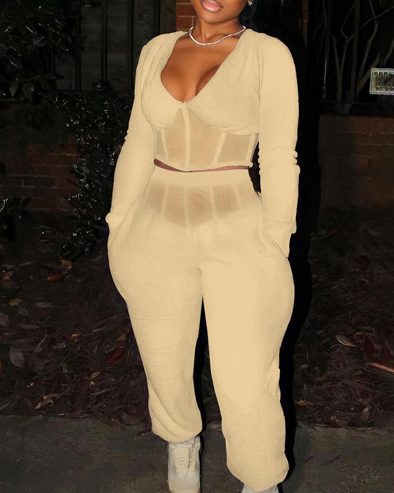 

V Neck Sheer Mesh Patch Crop Top & Pocket Design Pants Set, Khaki