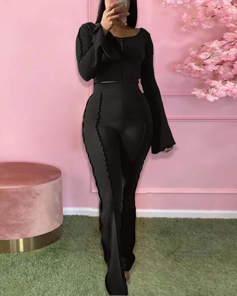 

Ribbed Bell Sleeve Crop Top & Pants Set, Black