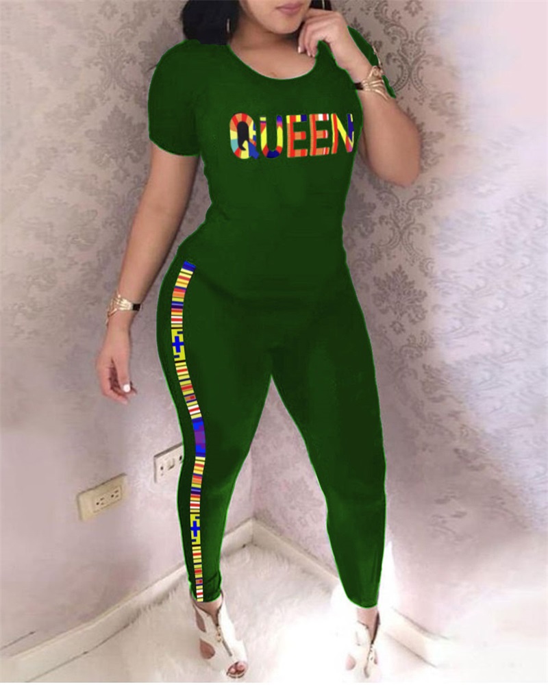 

Plus Size Letter Print Casual Top & Pants Set, Green