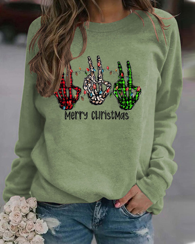 

Christmas Letter Finger Print Long Sleeve Top, Green
