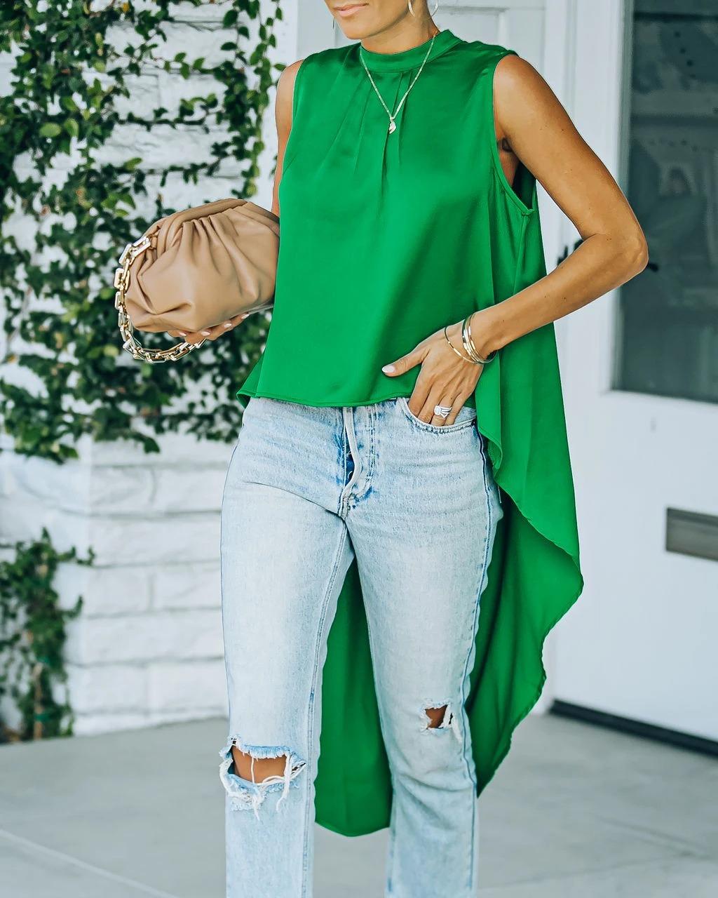 

Plain Sleeveless Dip Hem Top, Green