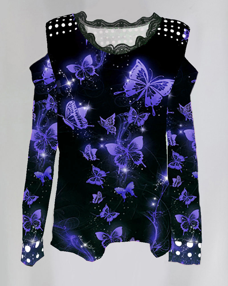 

Butterfly Print Lace Trim Cold Shoulder Top, Blue