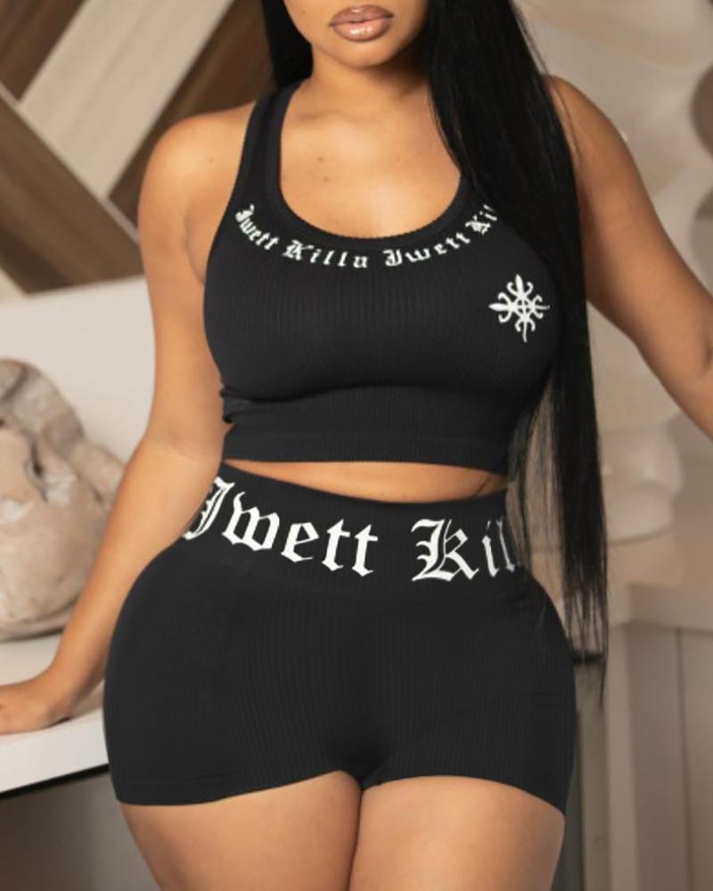 

Letter Print Crop Top & High Waist Shorts Set, Black