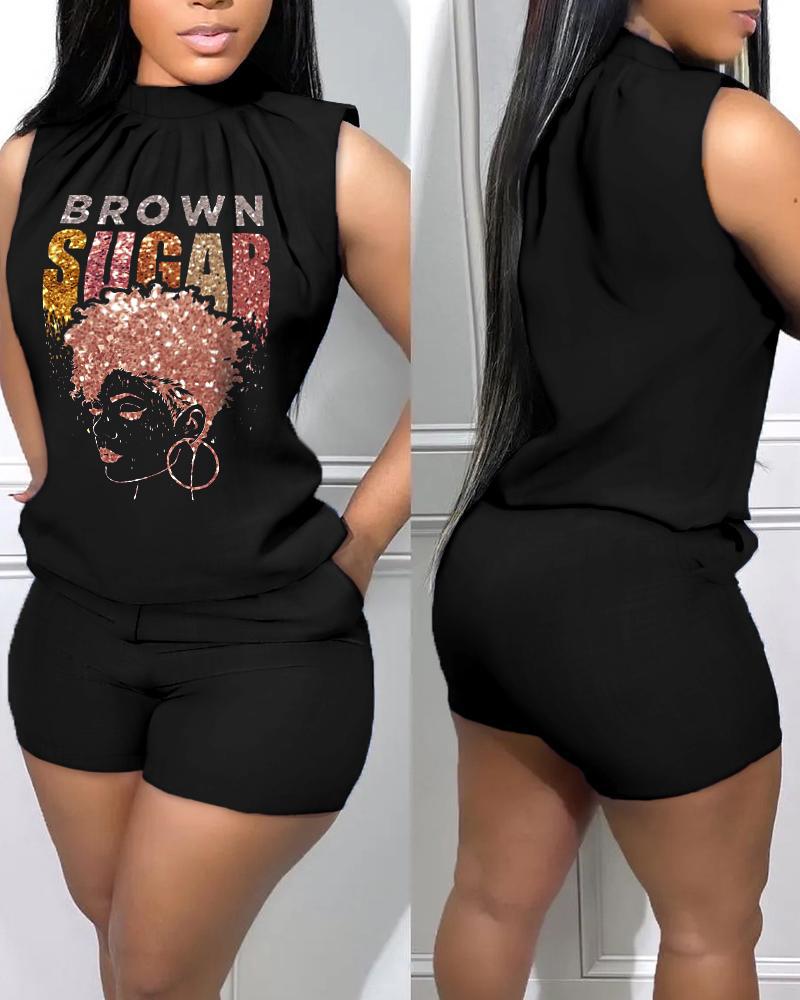 

Brown Sugar Afro Queen Print Casual Tank Top & Shorts Set, Black