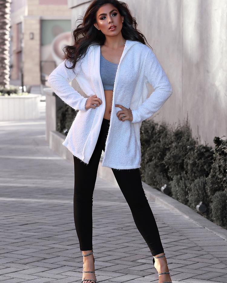 

Stylish Solid Hooded Cardigan, White