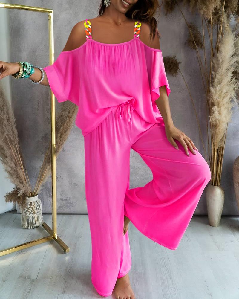 

Chain Decor Cold Shoulder Top & Pants Set, Hot pink