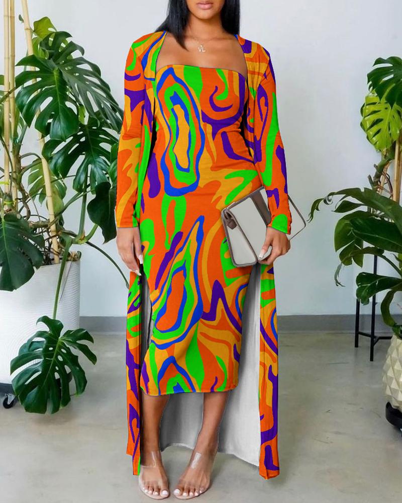 

Multi-Color Abstract Print Bodycon Dress With Longline Coat, Orange