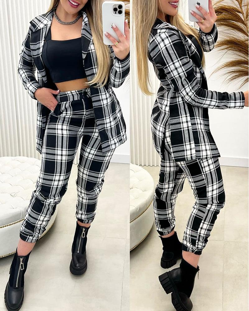 

Plaid Print Casual Cuffed Pants, Black