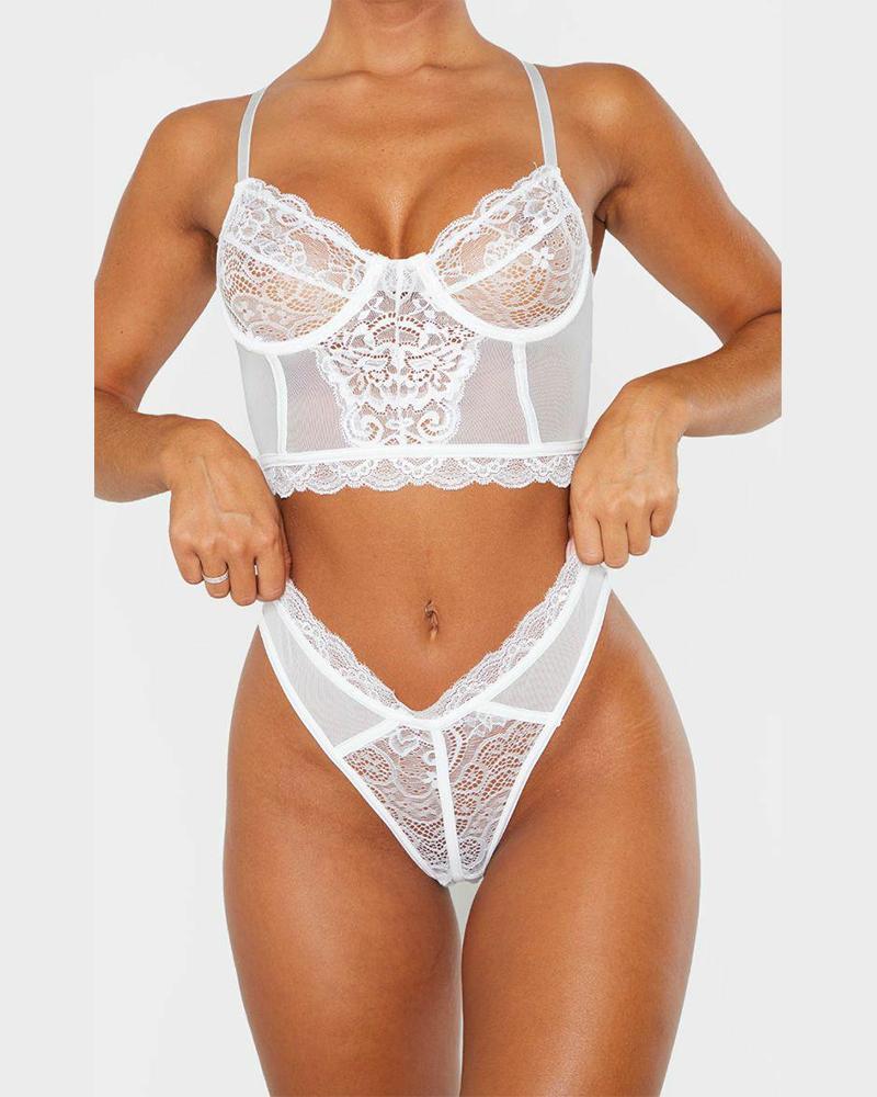 

Solid Color Splicing Lace Spaghetti Strap Bra Sets, White