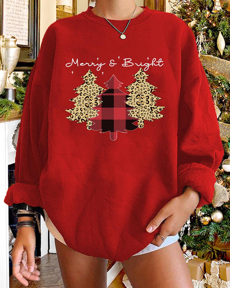 

Christmas Plaid Cheetah Letter Tree Print Long Sleeve Sweatshirt, Red