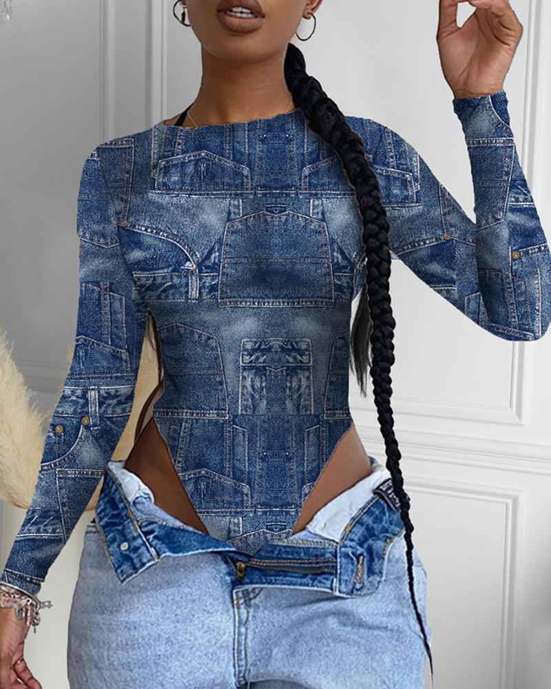 

Denim Pattern Print Long Sleeve Bodysuit, Blue
