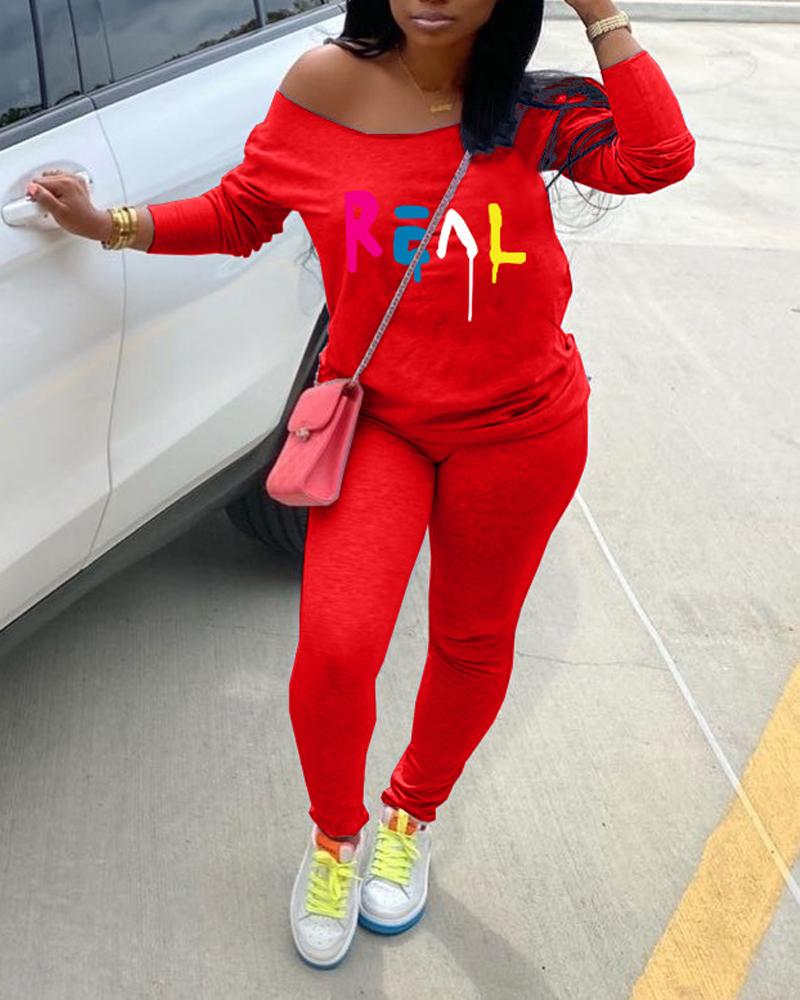 

Letter Print Long Sleeve Top & Pants Set, Red