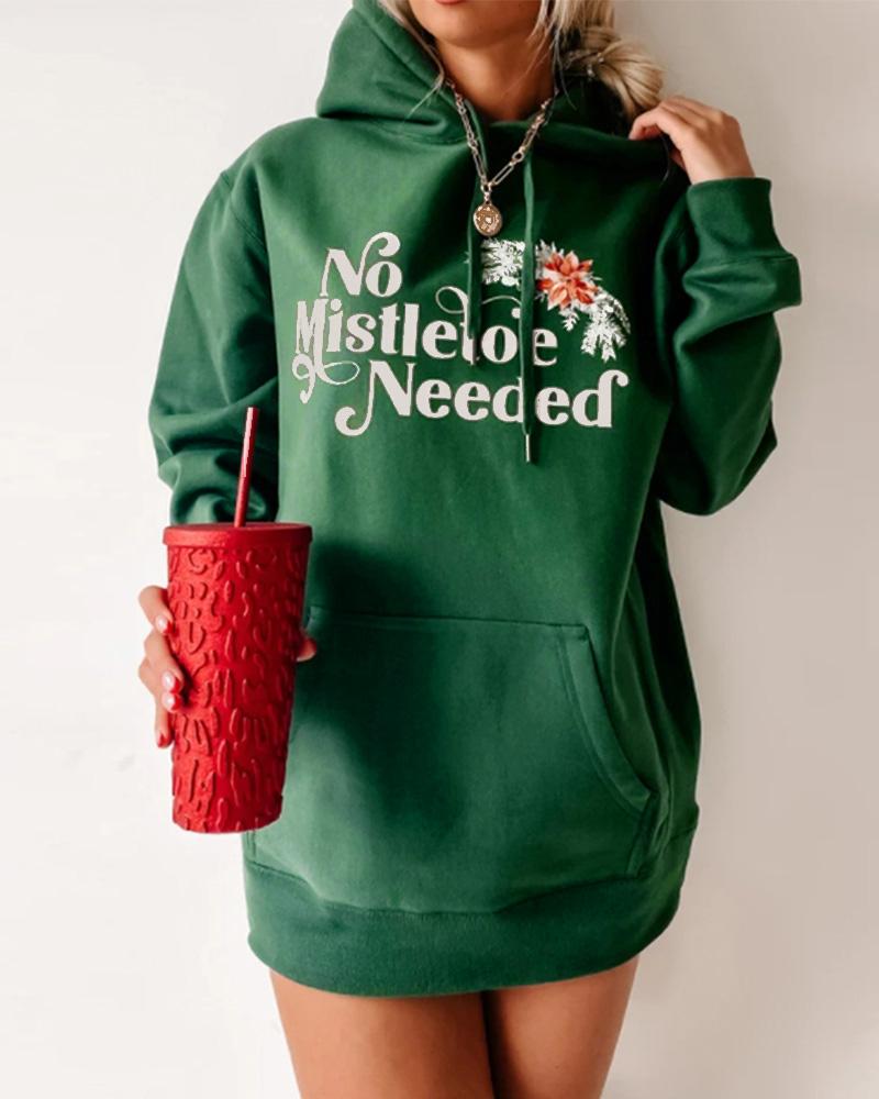 

Christmas Letter Print Long Sleeve Drawstring Hoodie, Green