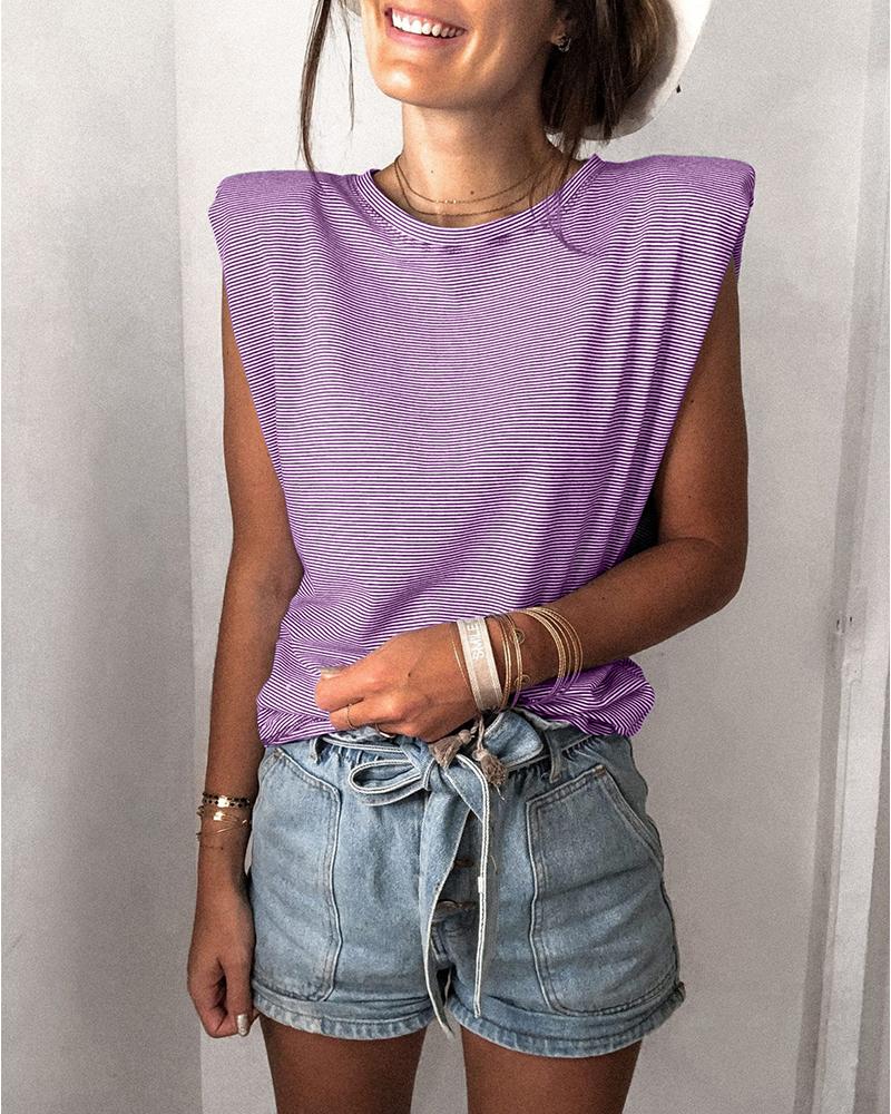 

Striped Padded Shoulder Round Neck Top, Purple