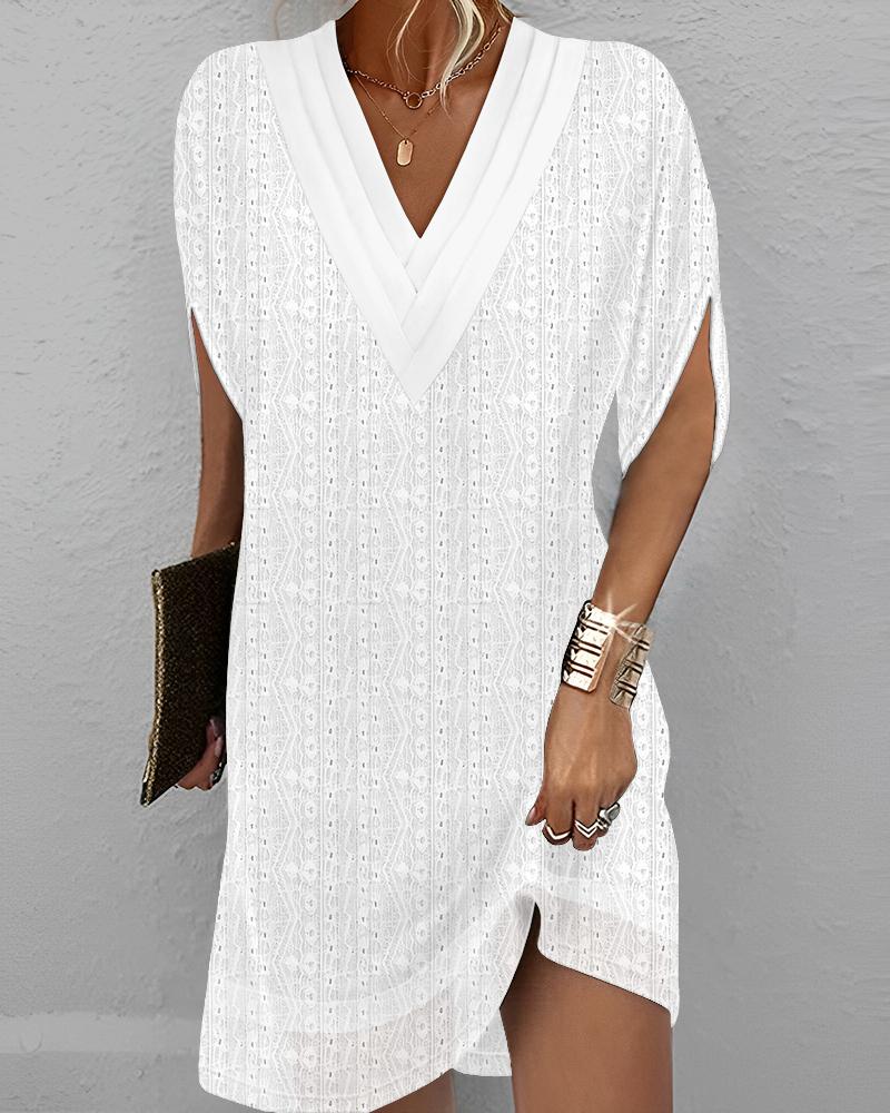 

Eyelet Embroidery V-Neck Half Sleeve Casual Dress, White
