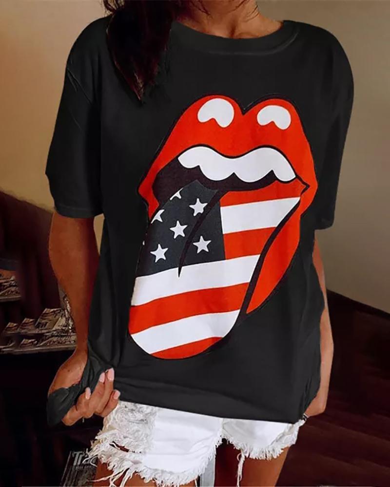 

Lip Flag Print Short Sleeve Casual T-shirt, Black