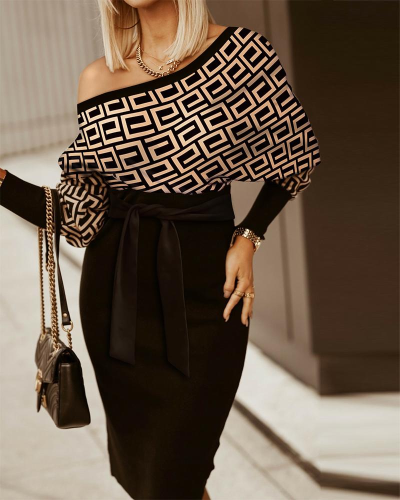 Buy Geo Print Batwing Sleeve Belted Midi Dress. Picture