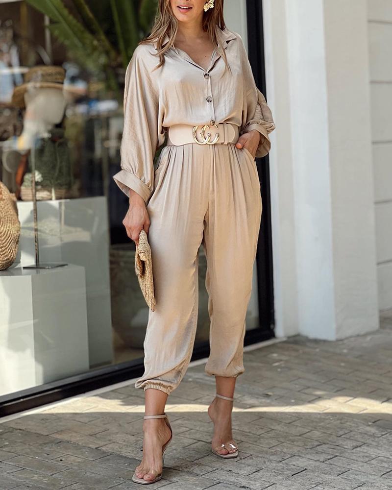 

Button Front Long Sleeve Casaul Top & Cuffed Pants Set, Apricot