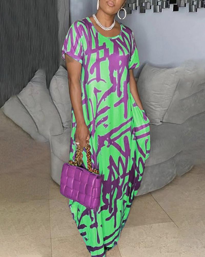 

Abstract Print Pocket Design Casual Dress, Green