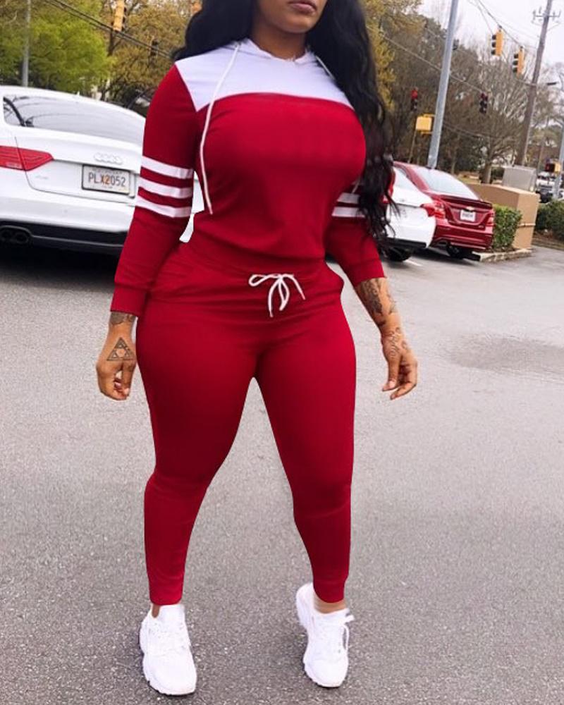 

Colorblock Long Sleeve Casual Hoodie & Pants Set, Red