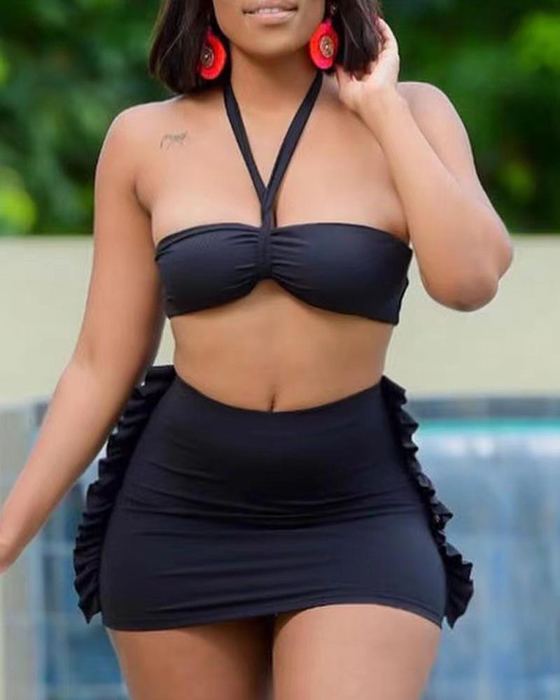 

Ruffle Hem Halter Backless Bikini Set, Black