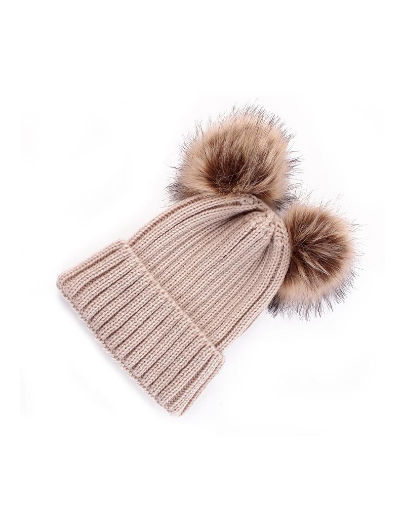

Double Pom Pom Knit Cuffed Beanie, Khaki