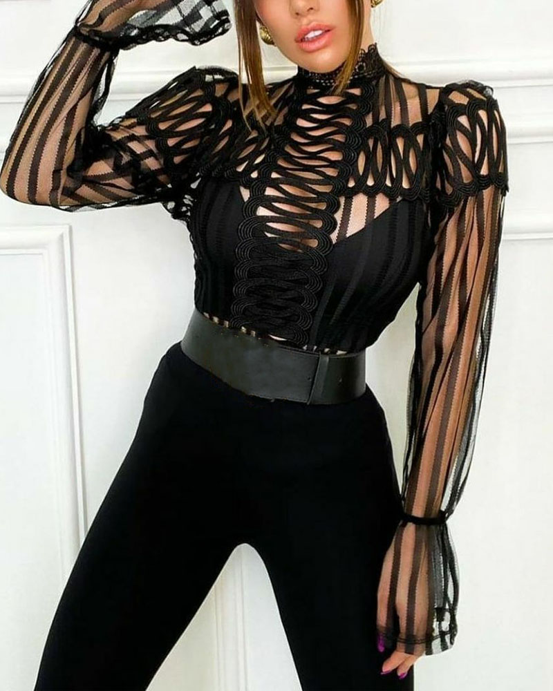 

Guipure Lace Patch Sheer Mesh Top, Black
