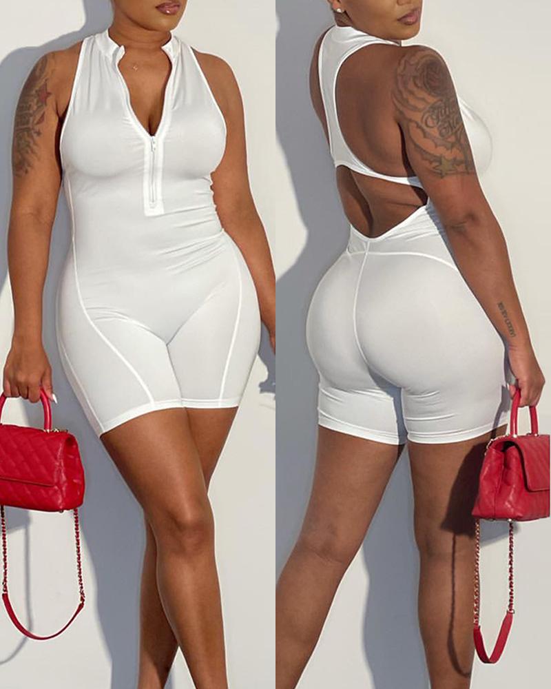 

Zip Front Cutout Backless Romper, White