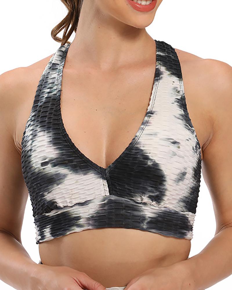 

Tie Dye Print Sports Bras Textured Middle Impact Support Yoga Crop Tops, Black