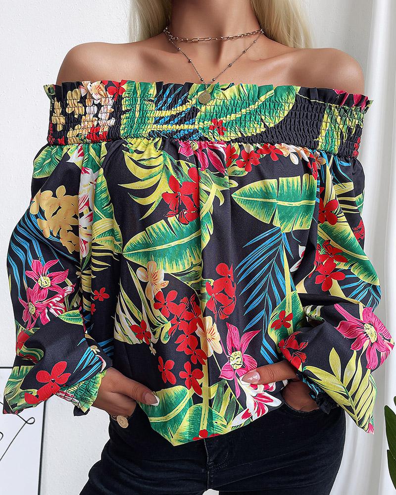 

Tropical Print Shirred Off Shoulder Blouse, Multicolor