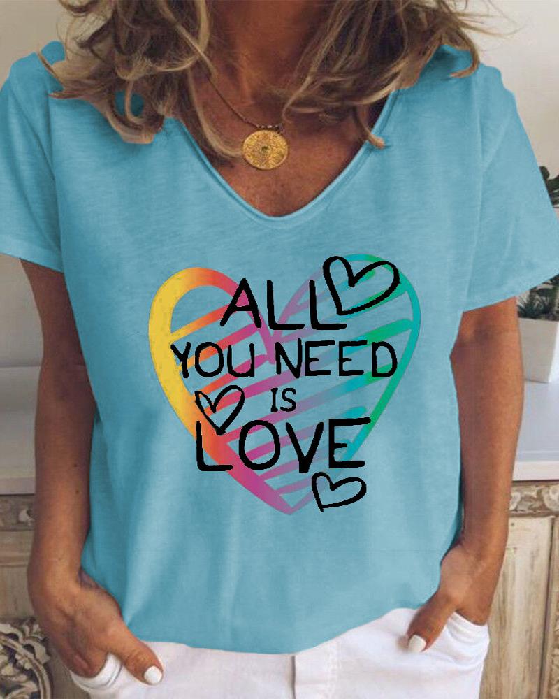 

Heart Letter Print V Neck Short Sleeve T-Shirt, Blue