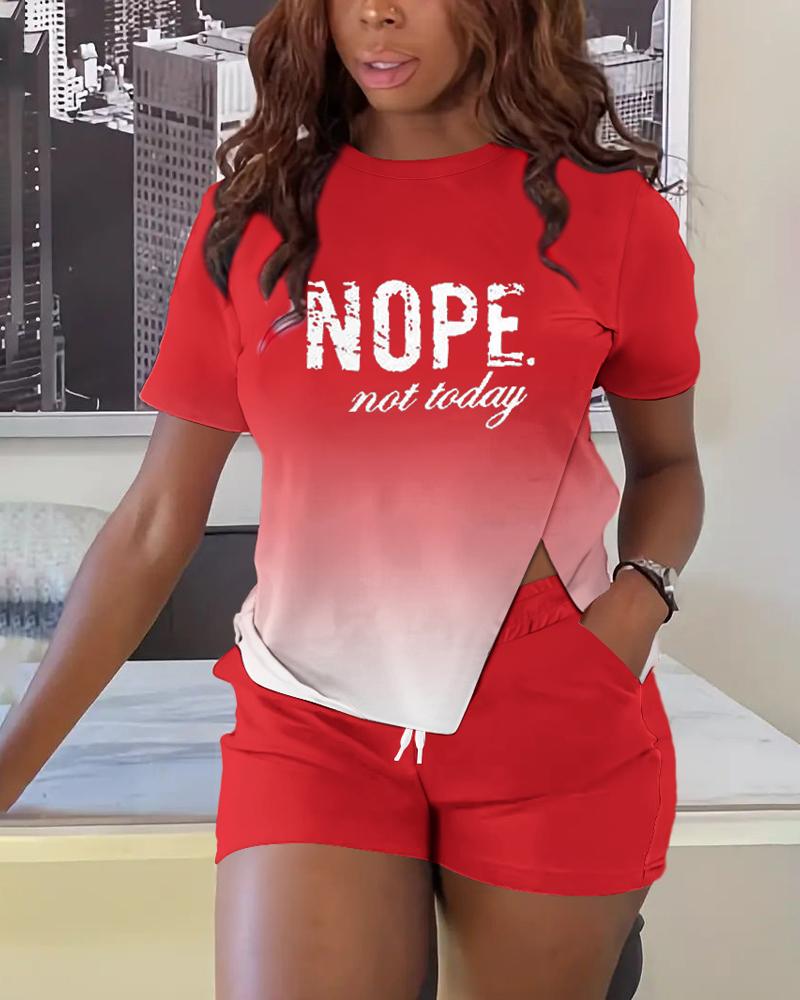 

Ombre Nope Not Today Print Slit Top & Drawstring Shorts Set, Red