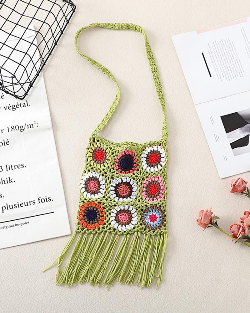 

Geometric Pattern Tassel Design Crochet Shoulder Bag, Green