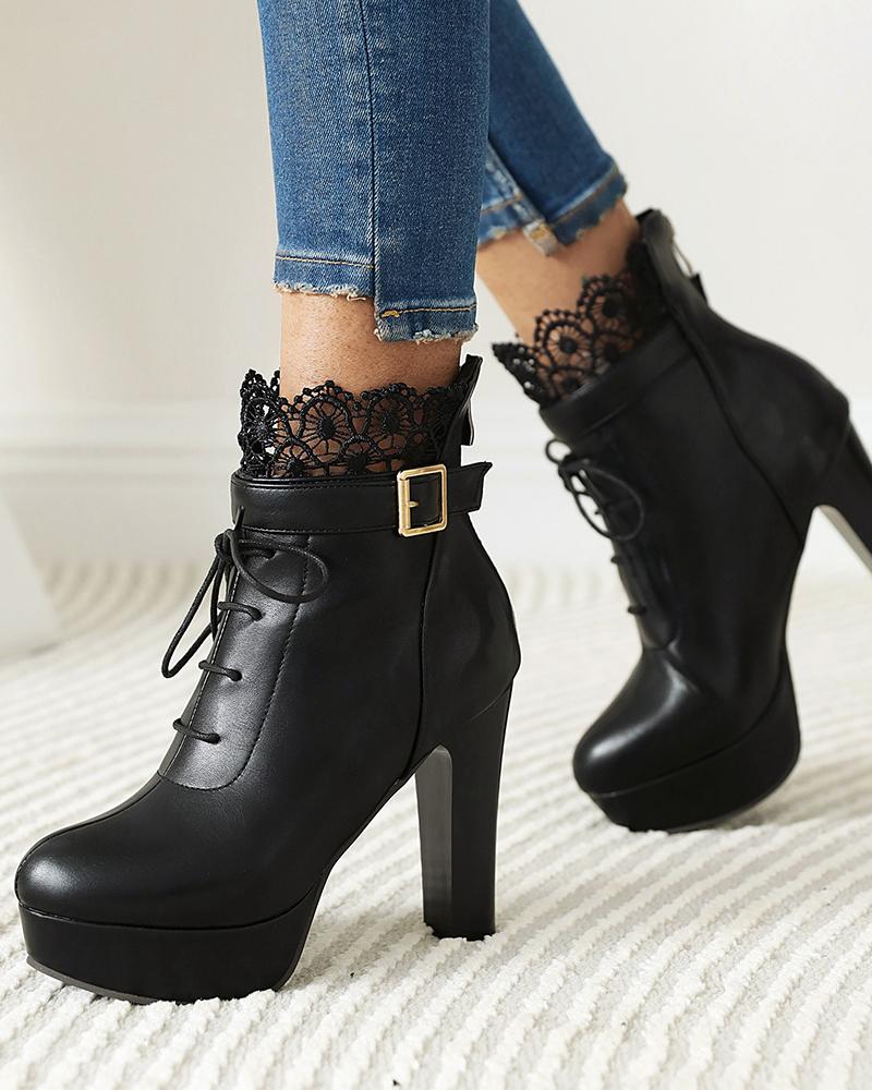 

Round Toe Lace Lace-up High Heel Boots, Black