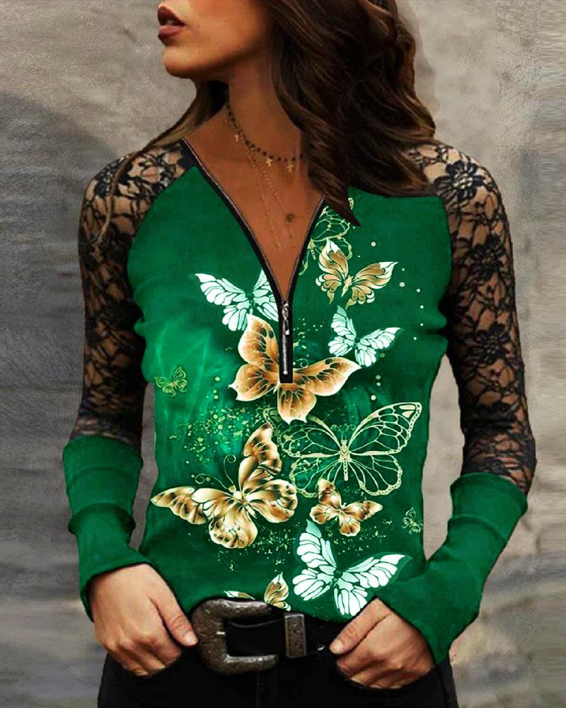 

Butterfly Print Contrast Lace Zip Front Top, Green