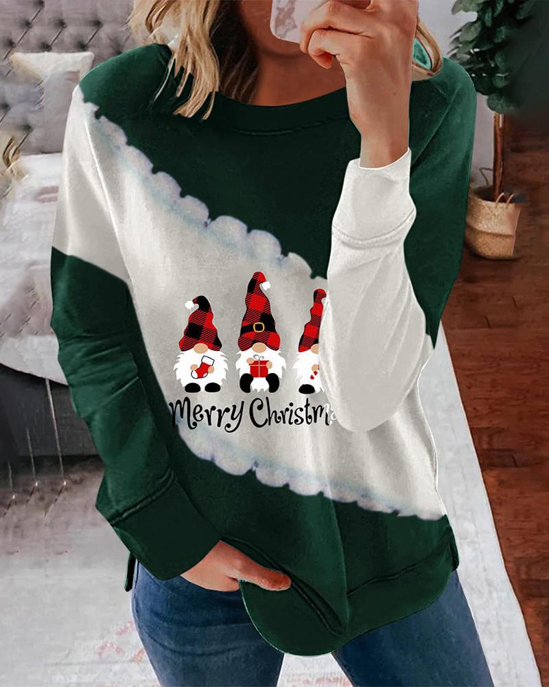 

Christmas Gnomes Letter Print Colorblock Sweatshirt, Green