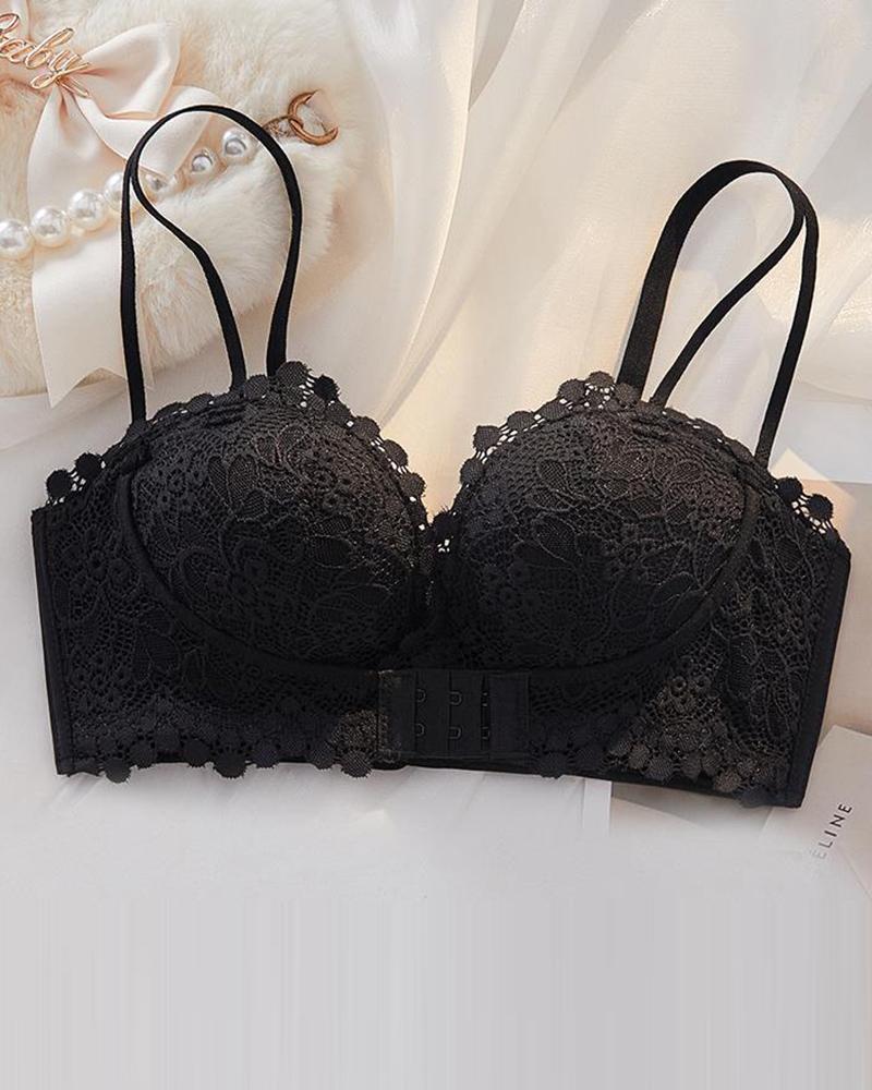 

Hook Buckle Front Full Coverage Lace Bra, Black