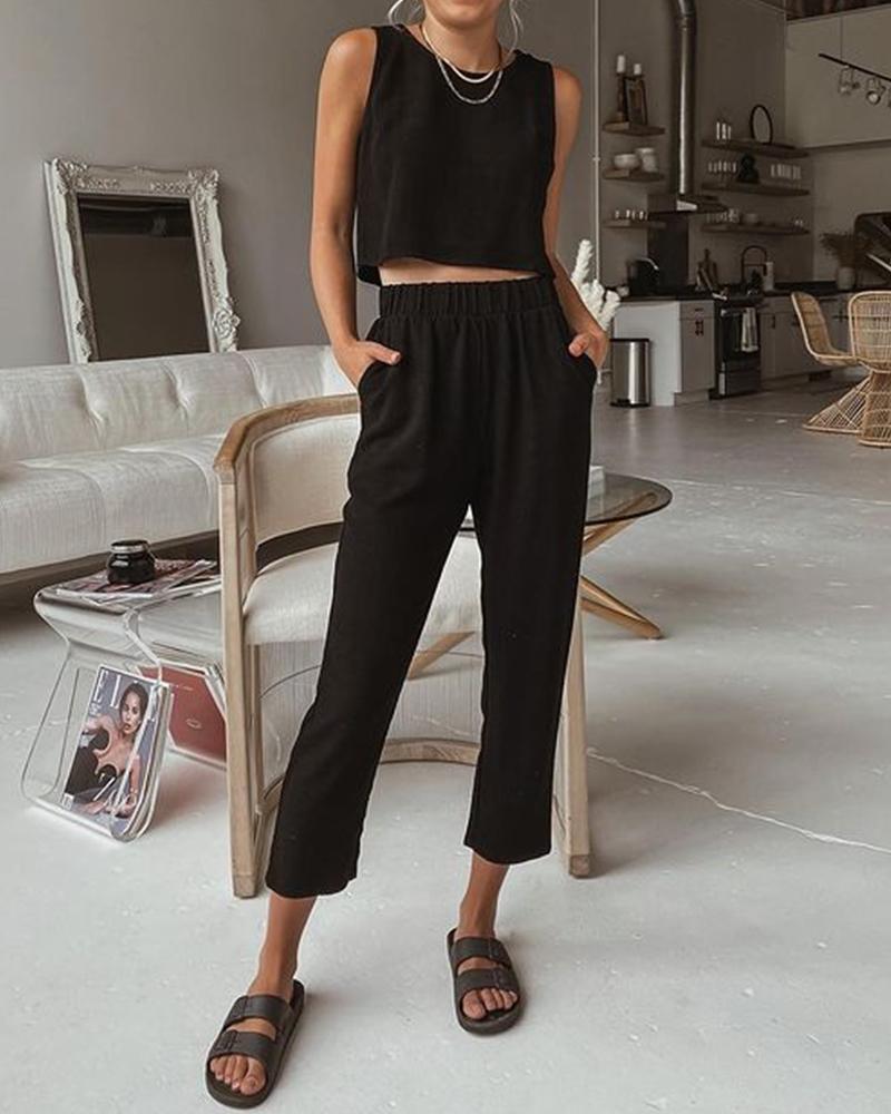 

Solid Sleeveless Tanks With Pants Suit Sets, Black