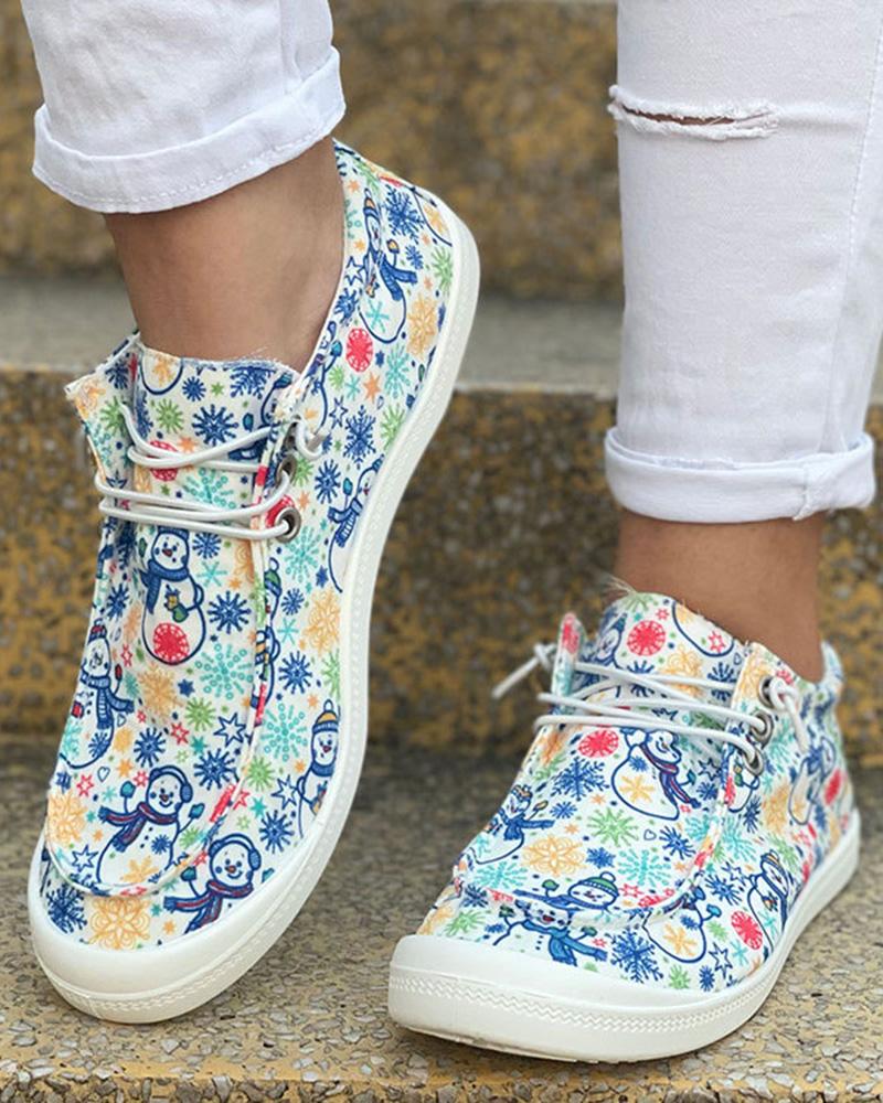 

Christmas Graphic Print Lace-up Canvas Slip-On, Multicolor