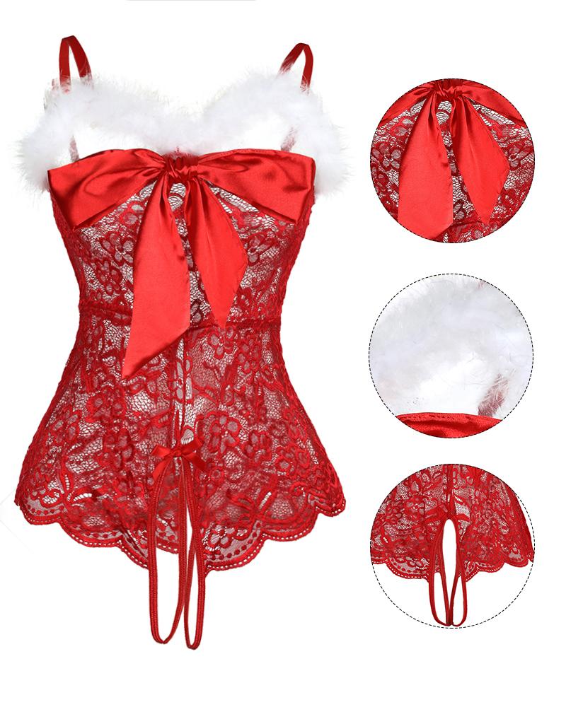 

Christmas Bowknot Decor Fuzzy Trim Crotchless Lace Teddy, Red