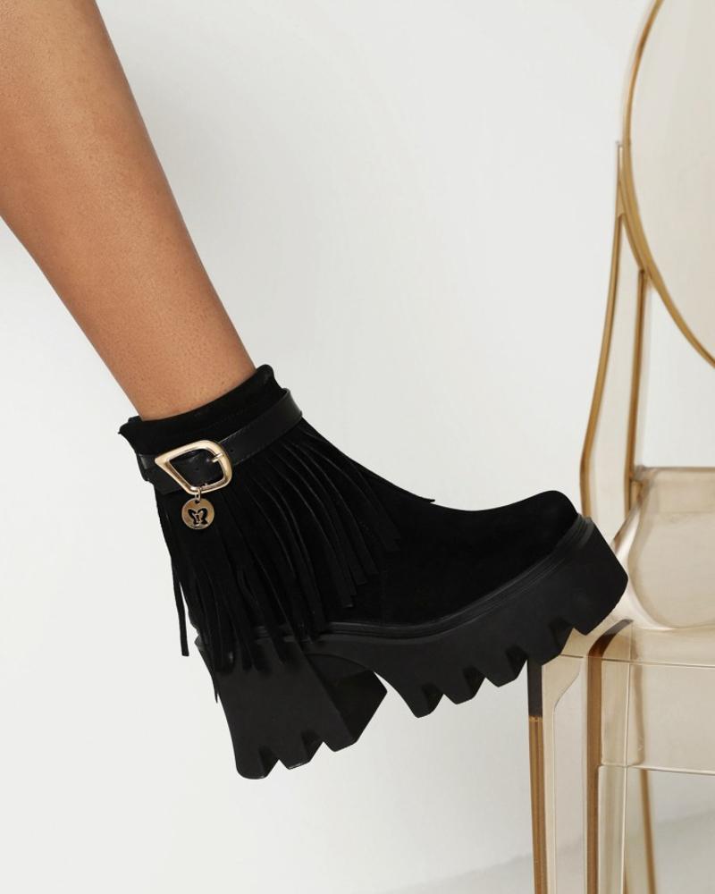 

Womens Vintage Square Toe Suede Finish Tassel Decor Boots, Black