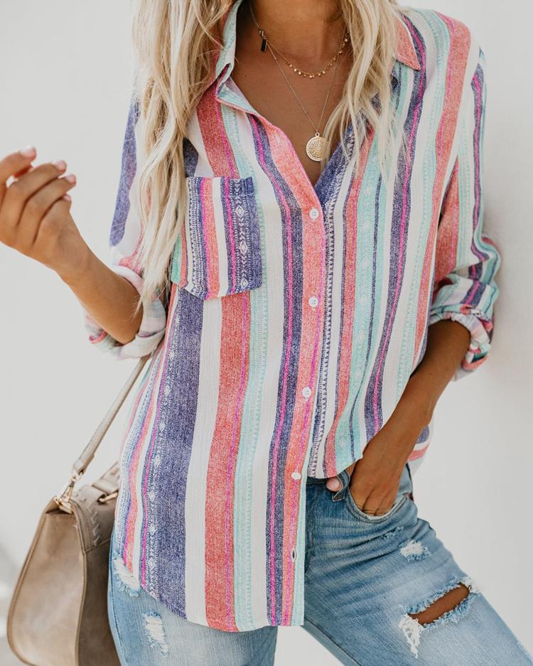 

Colorful Stripes Long Sleeve Button Pocket Women Blouse, Red