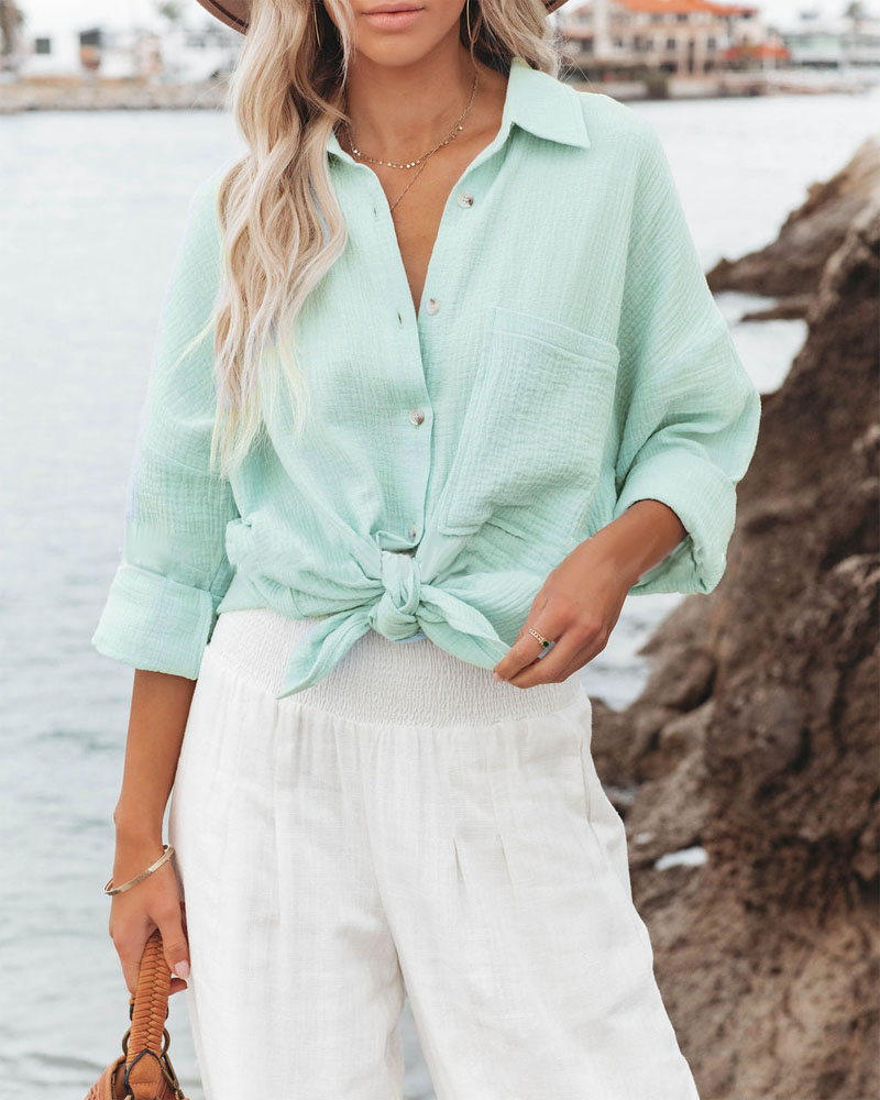 

Long Sleeve Pocket Detail Button Down Shirt, Light green