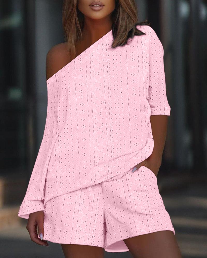 

Conjunto de 2 piezas de top de manga larga con hombros descubiertos y jacquard y pantalones cortos informales con diseño de bolsillo y cintura elástica, Pink
