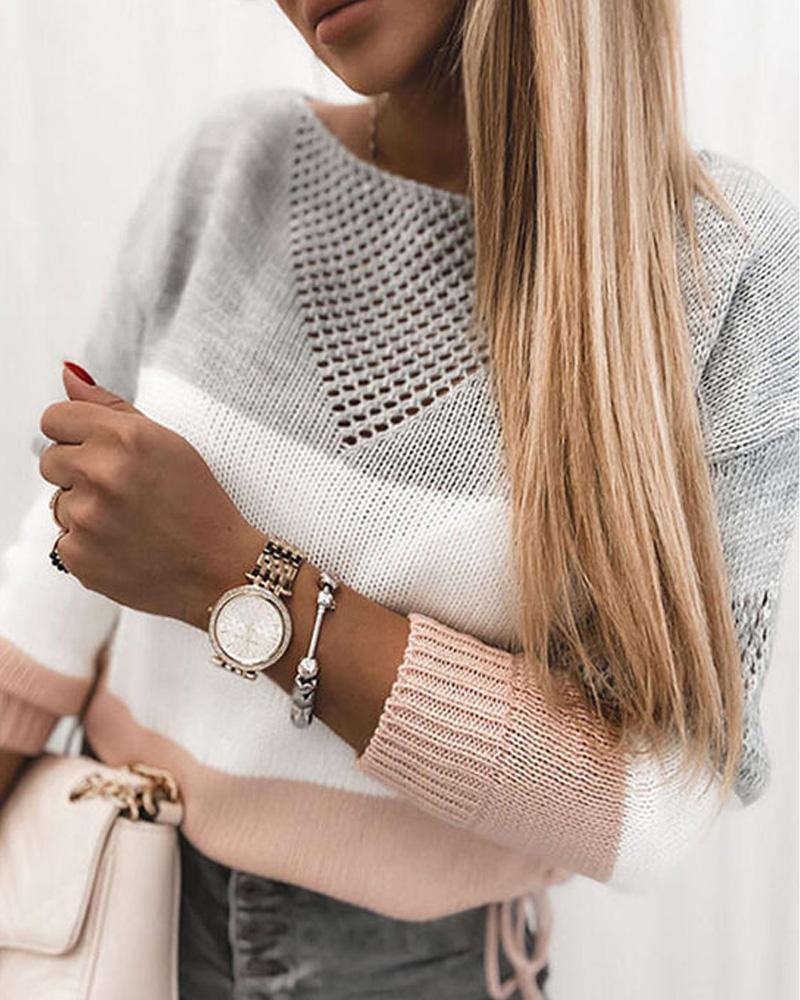 

Colorblock Hollow-out Drop Shoulder Sweater, Pink
