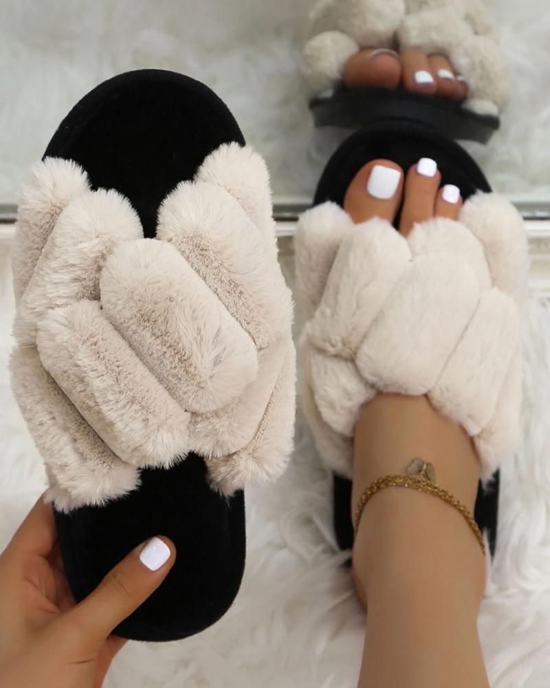 

Fuzzy Crisscross Round Toe Slippers, Beige