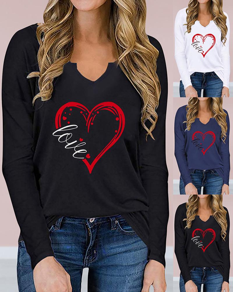 

Valentine' Day Letter Heart Print Long Sleeve Top, Black