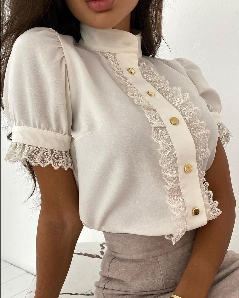 

Lace Patch Button Front High Neck Top, White