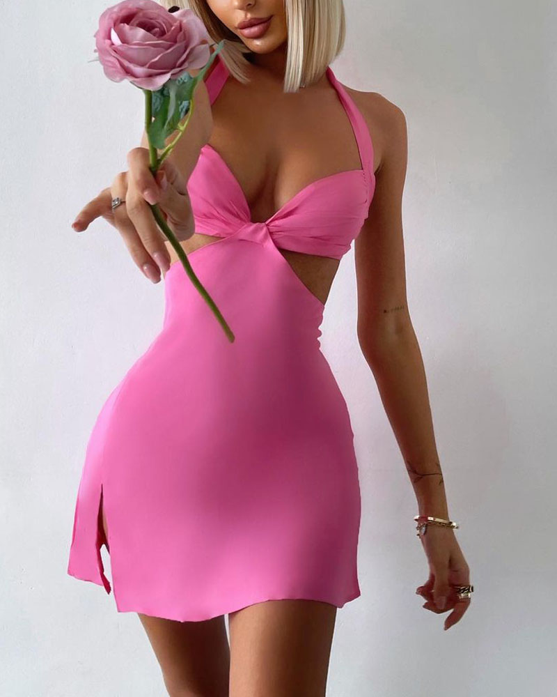 

Self Tie Backless Split Hem Halter Mini Dress, Pink