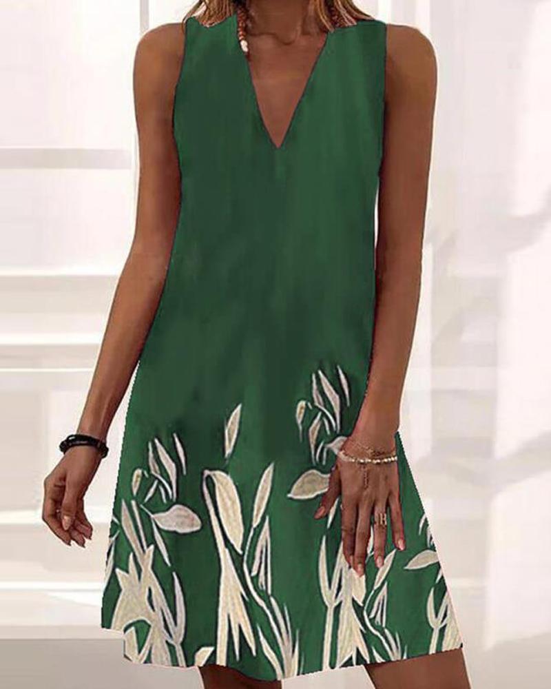 

Plants Print V-Neck Sleeveless Casual Swing Dress, Green